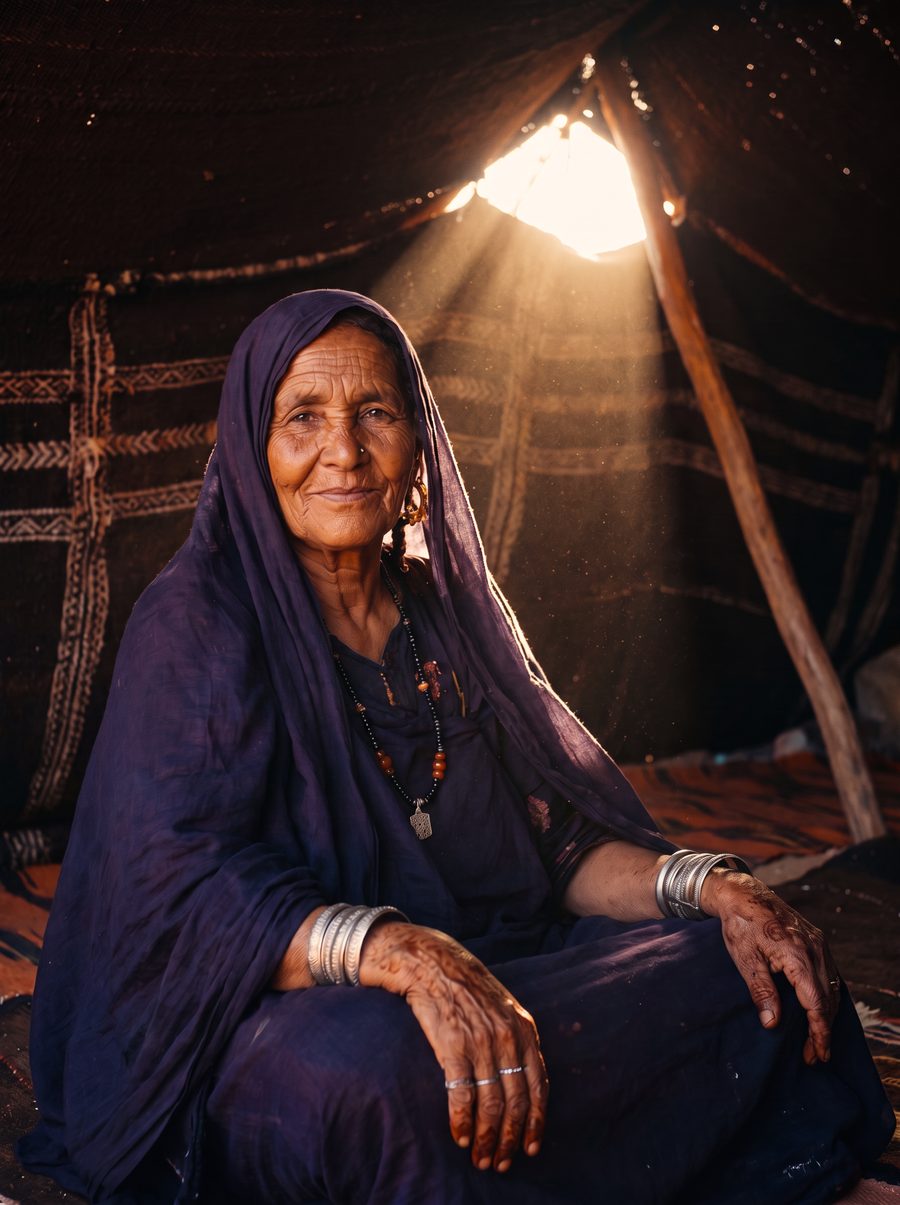 La grand-mère en melhfa indigo dans la khaima